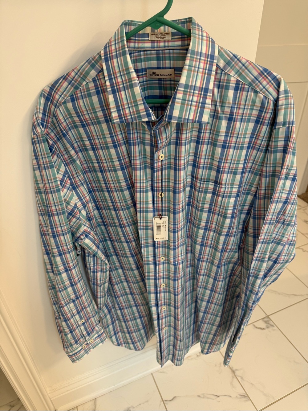 NWT Peter Millar Plaid Button-Down Shirt in Blue, Teal & White